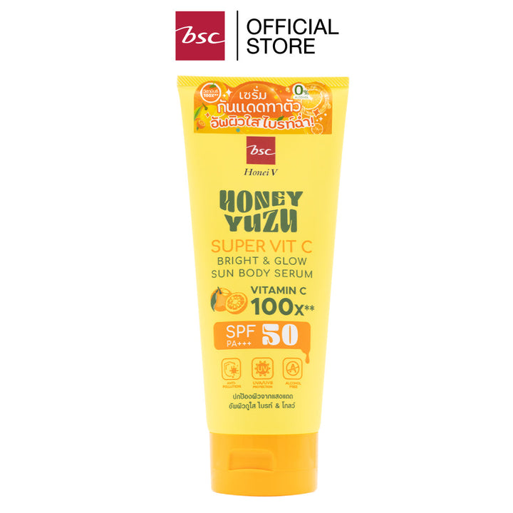 HONEI V BSC HONEY YUZU SUPER VIT C BRIGHT&GLOW SUN BODY SERUM SPF50 PA+++  ฮันนี่ วี บีเอสซี ฮันนี่ ยูซุ ซูเปอร์ วิตซี ไบรท์ แอนด์ โกลว์ ซัน บอดี้ เซรั่ม เอสพีเอฟ 50 พีเอ+++ เซรั่มกันแดดสำหรับผิวกาย ปกป้องพร้อมบำรุงอัพผิวไบรท์ใน 7วัน ICCSHOPPING
