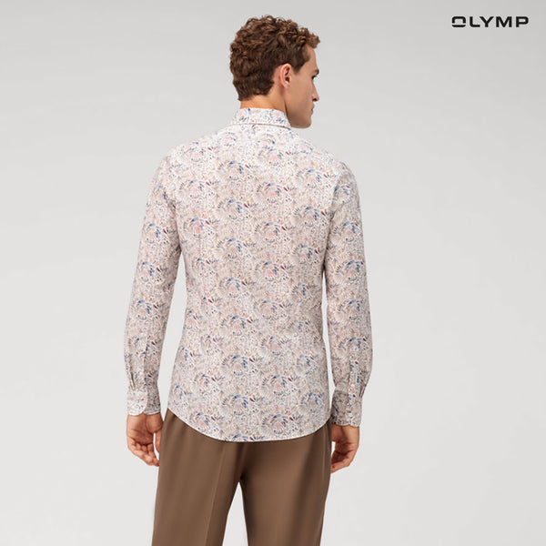 OLYMP  Level Five Shirt เสื้อเชิ้ตชาย ผ้าเรียบลายพิมพ์กราฟิก สีเบจ  ทรงพอดีตัว ยืดหยุ่นได้ดี รีดง่าย SUMM24 