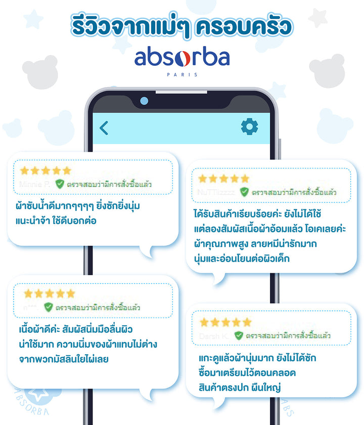 จำหน่ายเฉพาะออนไลน์ - แอ็บซอร์บา (แพ็ค 6 ผืน) ผ้าอ้อมเด็กแรกเกิด ผ้าสาลู 27x27 นิ้ว ทอ 2 ชั้น พิมพ์ลายน้องหมีพาสเทล ICCSHOPPING