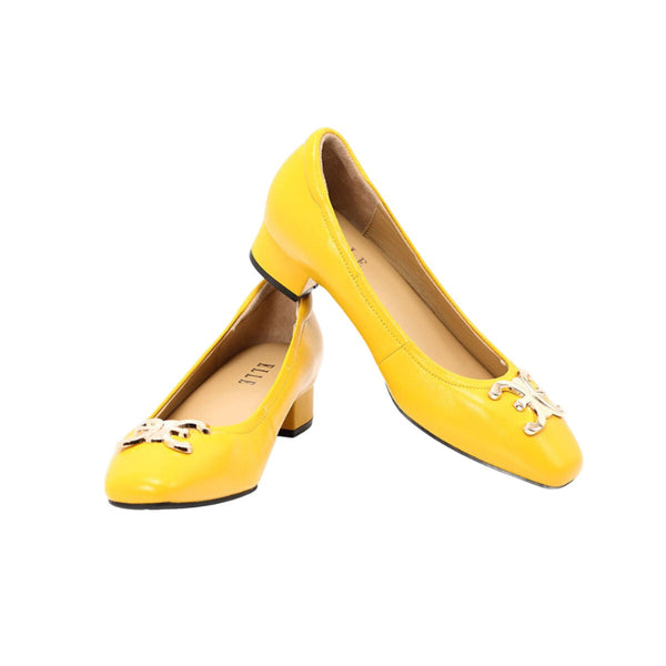 ELLE SHOES รองเท้าหนังแกะ ทรงส้นเหลี่ยม LAMB SKIN COMFY COLLECTION รุ่น Block heel สีเหลือง ELB003 Elle