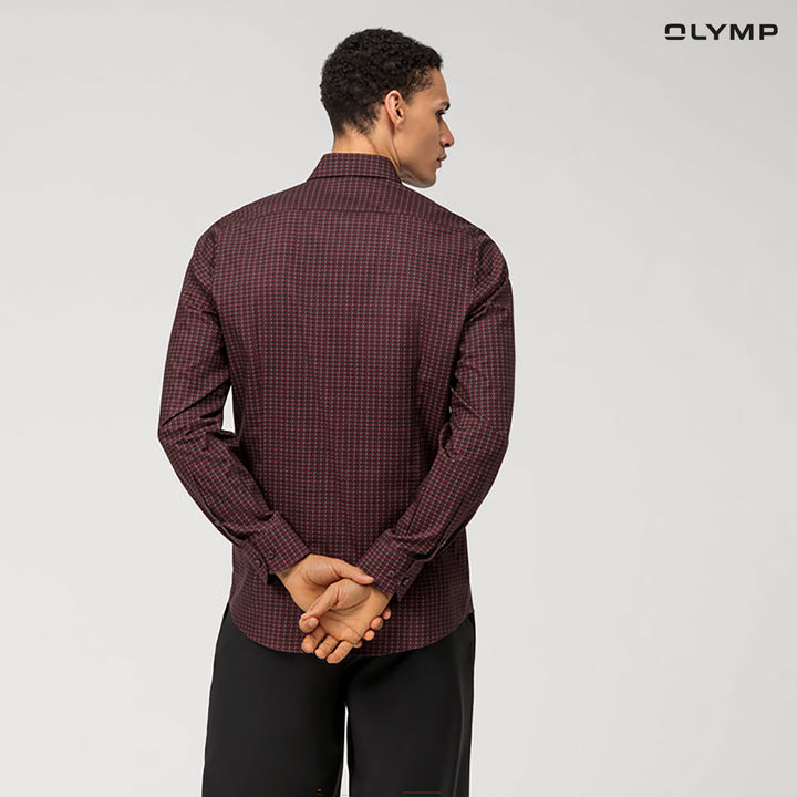 OLYMP  Level Five Shirt เสื้อเชิ้ตชาย สีแดงเข้ม พิมพ์ลายกราฟิก ทรงพอดีตัว ยืดหยุ่นได้ดี รีดง่าย AUTU23 