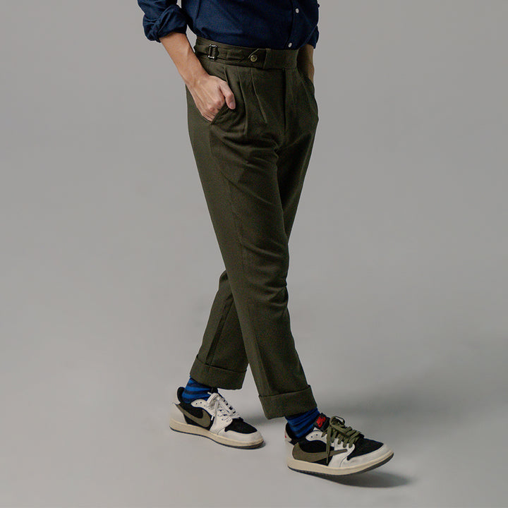 era-won กางเกงขายาว รุ่น Double Belts Trousers V2 ทรง Skinny Crop เอวสูง สี Olive (เขียวขี้ม้า) ผ้าใหม่ 