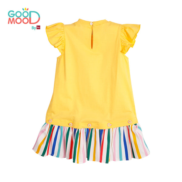 Good Mood by bsc เสื้อยืดแขนระบาย สีเหลือง+ชายกระโปรงลายริ้ว สีเหลือง สำหรับเด็กอายุ 2-9 ปี ผ้าคอตตอน ICCSHOPPING