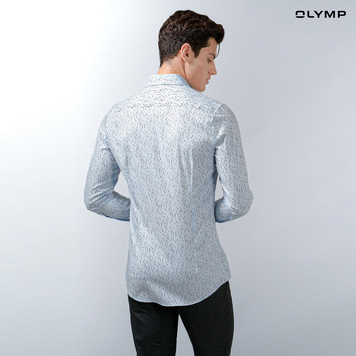 OLYMP  No. Six Shirt เสื้อเชิ้ตชาย สีฟ้า พิมพ์ลาย ทรงเข้ารูป ยืดหยุ่นได้ดี รีดง่าย AUTU23 