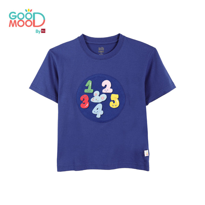 Good Mood by bsc เสื้อยืดคอกลม แขนสั้น สีน้ำเงิน + PATCHES ลายตัวเลข 6 ชิ้น สำหรับเด็กอายุ 2-9 ปี ผ้าคอตตอน ICCSHOPPING