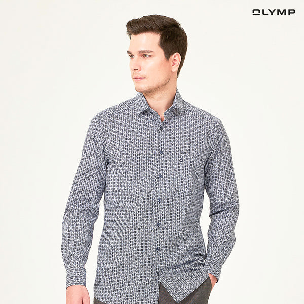 OLYMP  24/Seven LUXOR Shirt เสื้อเชิ้ตชาย สีกรมท่า ลายกราฟิก ทรงหลวม ปรับอุณหภูมิ ใส่สบาย รีดง่าย  AUTU23 