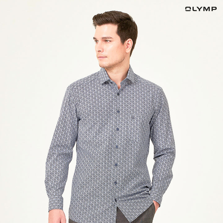 OLYMP  24/Seven LUXOR Shirt เสื้อเชิ้ตชาย สีกรมท่า ลายกราฟิก ทรงหลวม ปรับอุณหภูมิ ใส่สบาย รีดง่าย  AUTU23 