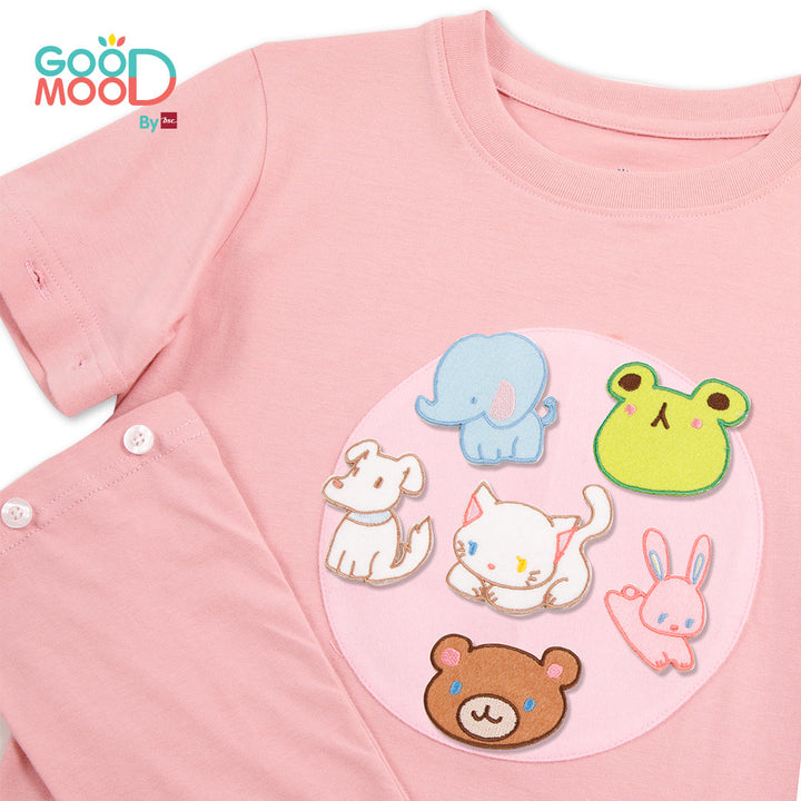 Good Mood by bsc เสื้อยืดคอกลมแขนยาวถอดแขน สีชมพู + PATCHES ลายสัตว์ 6 ชิ้น สำหรับเด็กอายุ 2-9 ปี ผ้าคอตตอน ICCSHOPPING