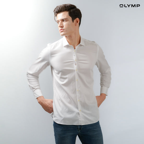 OLYMP  Garment Washed Level Five Shirt เสื้อเชิ้ตชาย สีขาว ทรงพอดีตัว ยืดหยุ่นได้ดี รีดง่าย AUTU23 