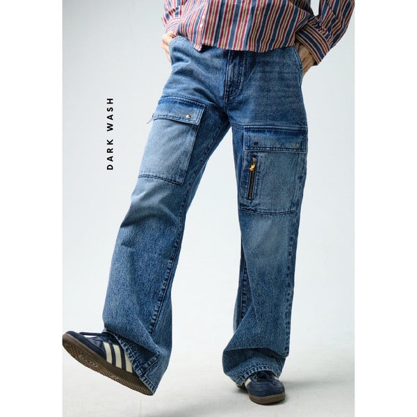era-won กางเกงขายาว มีกระเป๋าหน้าต้นขา ทรงขาหลวม รุ่น CARGO DENIM สี Dark wash (ฟอกเข้ม)