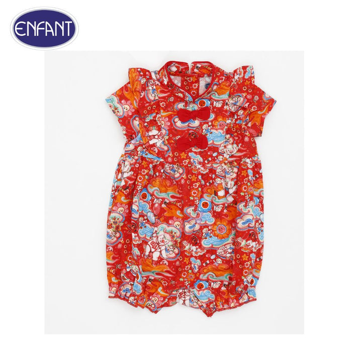 ENFANT ชุดหมีเด็กผู้หญิง ทรงคอจีน ขาสั้นจั๊มขา พิมพ์ลายมังกรทอง สีแดง แถมโบว์คาดผม สำหรับเด็ก 3เดือน- 2ปี (3เดือน-2ปี) ENFANT