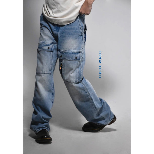 era-won กางเกงขายาว มีกระเป๋าหน้าต้นขา ทรงขาหลวม รุ่น CARGO DENIM สี Light wash (ฟอกอ่อน)