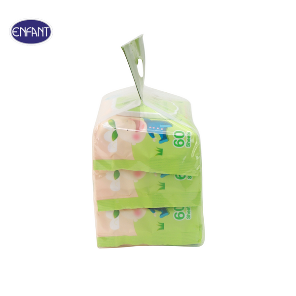 ENFANT (อองฟองต์) Extra Mild Face & Body Wipes ผ้าเช็ดทำความสะอาดแบบเปียก สูตรน้ำแร่บริสุทธิ์ 1แพ็ค/3ห่อ 60แผ่น/ห่อ ENFANT