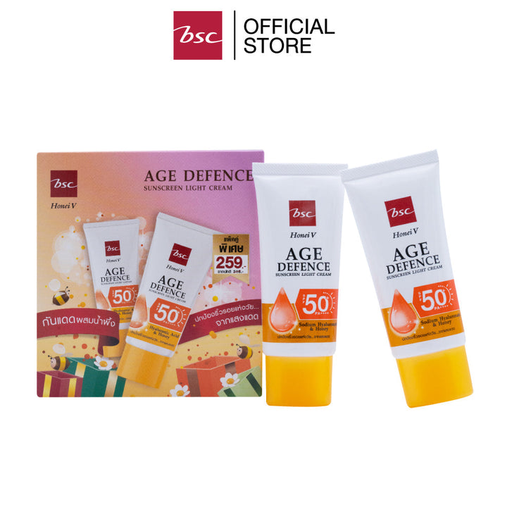[ แพคคู่สุดคุ้ม ]HONEI V BSC AGE DEFENCE SUNSCREEN LIGHT CREAM SPF50+ PA++++ 30 กรัม 3 แพค ครีมกันแดด ผสมน้ำผึ้ง&ไฮยา กันแดดได้...กันแก่ด้วย ครีมกันแดด SPF 50+ PA++++   ช่วยปกป้อง 