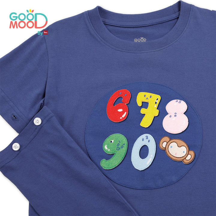 Good Mood by bsc เสื้อยืดคอกลมแขนยาวถอดแขน สีน้ำเงิน + PATCHES ลายตัวเลข 6 ชิ้น สำหรับเด็กอายุ 2-9 ปี ผ้าคอตตอน ICCSHOPPING