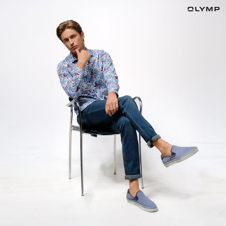 OLYMP  LUXOR Shirt เสื้อเชิ้ตชาย ลายพิมพ์ดอกไม้สีฟ้า ทรงหลวม ใส่สบาย รีดง่าย (SPRING24) SPRI24 