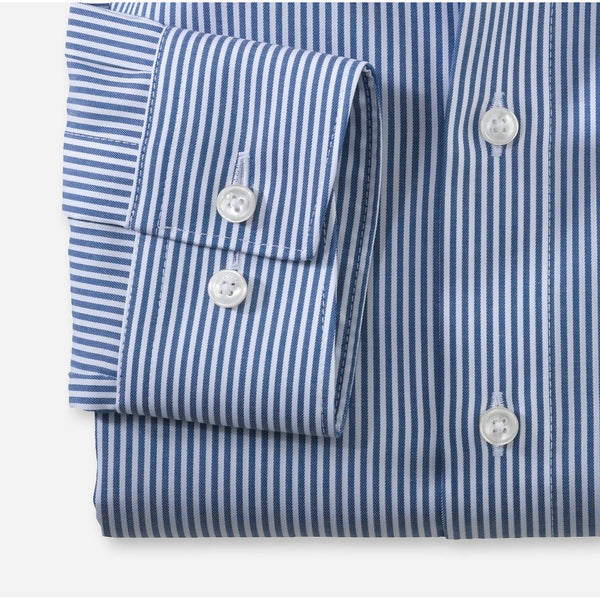 OLYMP LUXOR SHIRT เสื้อเชิ้ตผู้ชายแขนยาว ทรงหลวม สีกรมท่า ลายทาง ยืดหยุ่นได้ดี รีดง่าย ยับยาก (04S1NV) WINT25 ICCSHOPPING