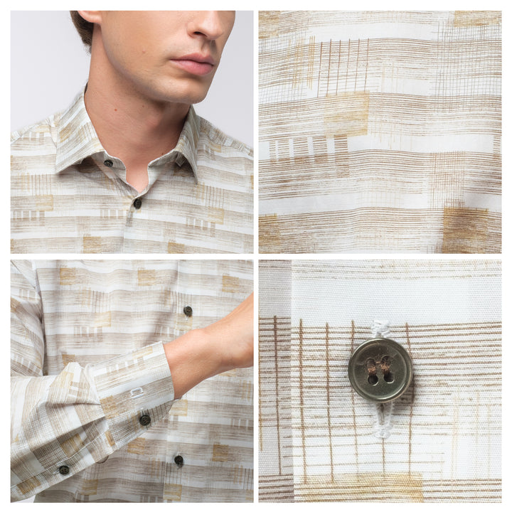 OLYMP  Level Five Shirt เสื้อเชิ้ตชาย ลายพิมพ์สีน้ำตาล ทรงพอดีตัว ยืดหยุ่นได้ดี รีดง่าย SPRI24 