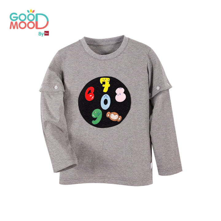 Good Mood by bsc เสื้อยืดคอกลมแขนยาวถอดแขน สีเทา + PATCHES ลายตัวเลข 6 ชิ้น สำหรับเด็กอายุ 2-9 ปี ผ้าคอตตอน ICCSHOPPING