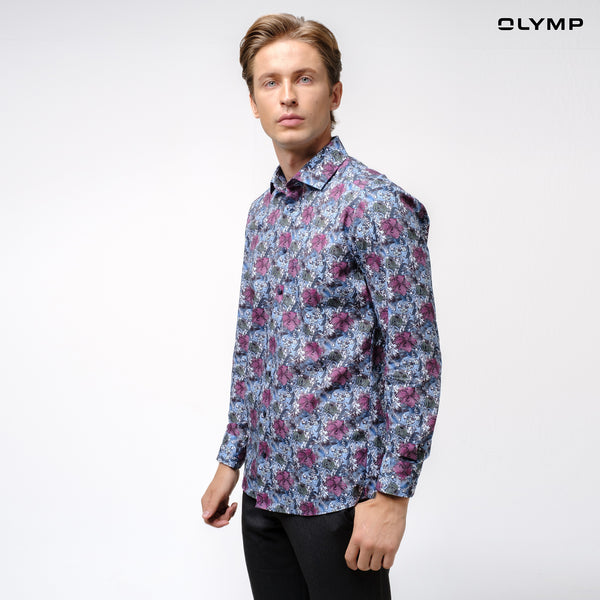 OLYMP  LUXOR Shirt เสื้อเชิ้ตชาย สีน้ำเงิน ลายพิมพ์ดอกไม้สีม่วง ทรงหลวม ใส่สบาย รีดง่าย (SPRING24) SPRI24 