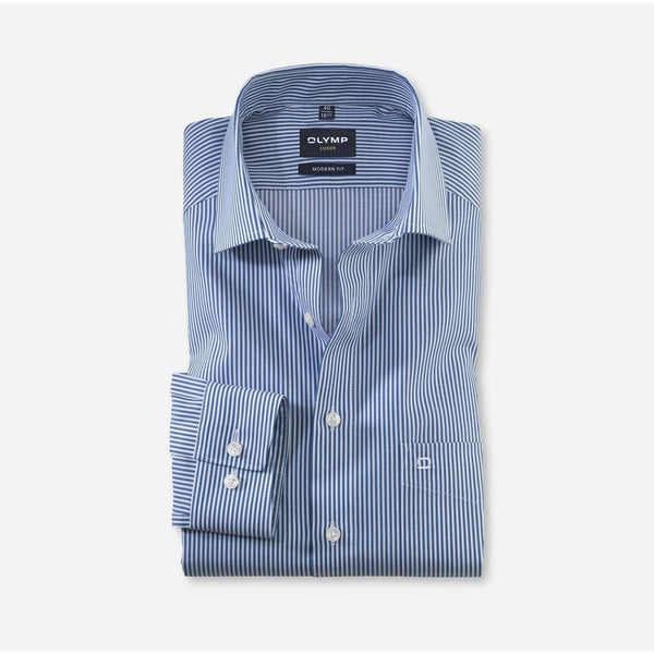 OLYMP LUXOR SHIRT เสื้อเชิ้ตผู้ชายแขนยาว ทรงหลวม สีกรมท่า ลายทาง ยืดหยุ่นได้ดี รีดง่าย ยับยาก (04S1NV) WINT25