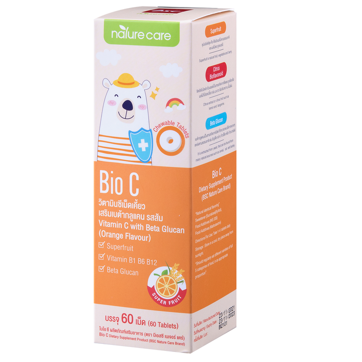BSC Nature Care Bio C ไบโอซี วิตามินซีเคี้ยวรสส้ม สำหรับเด็ก เสริมภูมิคุ้มกันให้ลูกแข็งแรง 1ขวด/60เม็ด BSC Happy Age