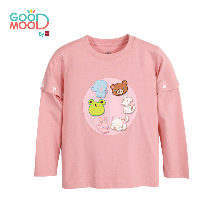 Good Mood by bsc เสื้อยืดคอกลมแขนยาวถอดแขน สีชมพู + PATCHES ลายสัตว์ 6 ชิ้น สำหรับเด็กอายุ 2-9 ปี ผ้าคอตตอน ICCSHOPPING