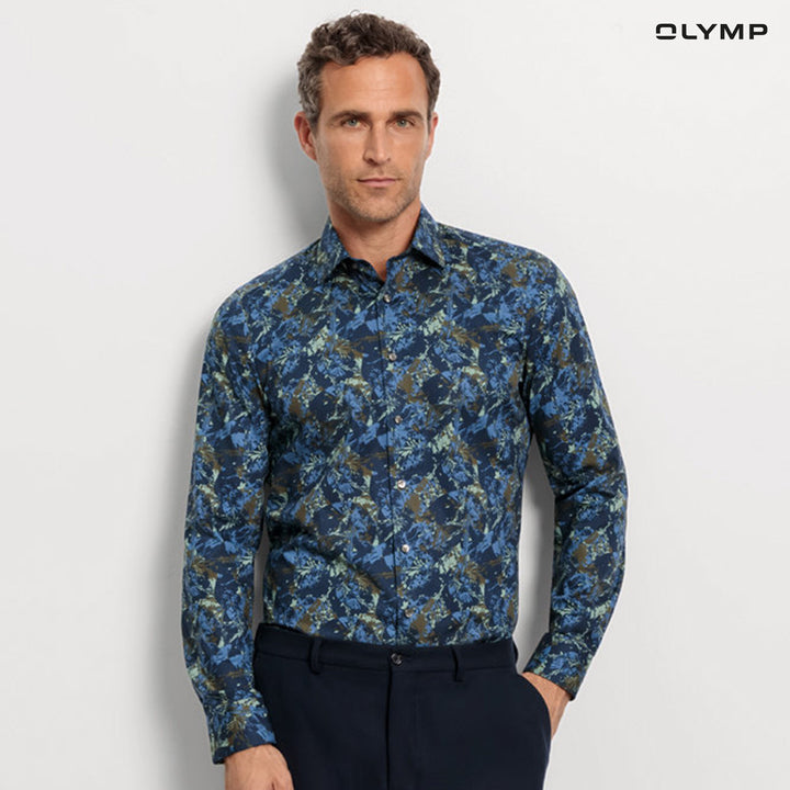 OLYMP  Level Five Shirt เสื้อเชิ้ตชาย ลายพิมพ์ ดอกไม้ ทรงพอดีตัว ยืดหยุ่นได้ดี รีดง่าย SPRI24 
