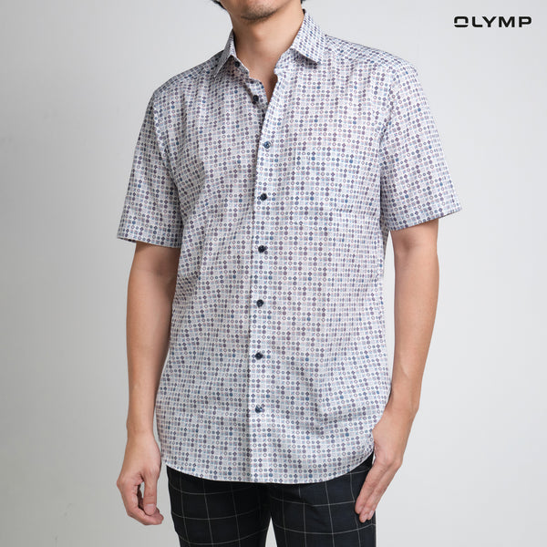 OLYMP  LUXOR Shirt เสื้อเชิ้ตผู้ชายแขนสั้น สีน้ำเงิน ผ้าเรียบ พิมพ์ลายกราฟิก ทรงหลวม ใส่สบาย รีดง่าย AUTU24 