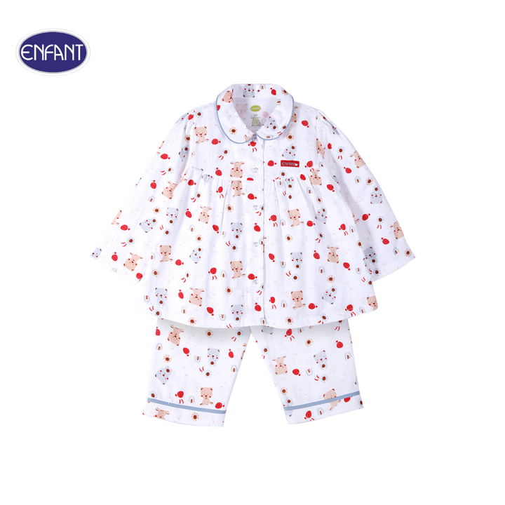 ENFANT (อองฟองต์) ชุดนอนแขนยาว+กางเกงขายาว สำหรับเด็กหญิง 1-10 ปี คอลเล็กชั่น Little Bear ผ้าคอตตอนผสมใยไผ่ สีขาว ENFANT