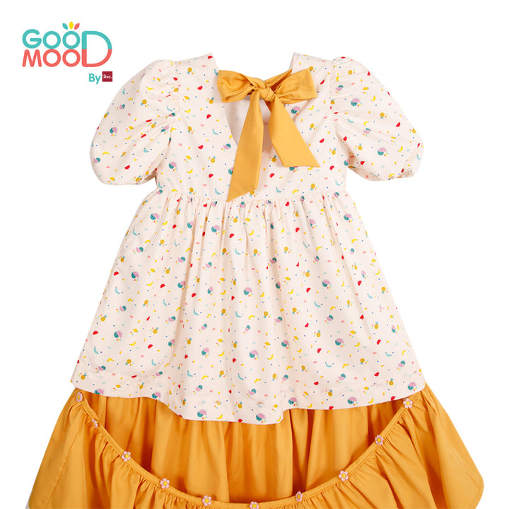Good Mood by bsc ชุดกระโปรง สีครีม พิมพ์ลายผลไม้+ชายกระโปรง สีเหลือง สำหรับเด็กอายุ 2-9 ปี ผ้าไหมอิตาลี่ ICCSHOPPING