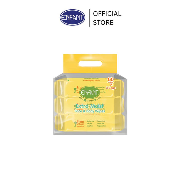 ENFANT (อองฟองต์) Extra Moist Face & Body Wipes ผ้าเช็ดทำความสะอาดแบบเปียก สูตร Organic Jojoba Oil 1แพ็ก/3ห่อ 60แผ่น/ห่อ ICCSHOPPING