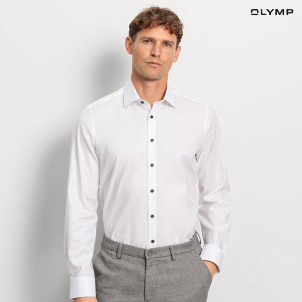 OLYMP  Level Five Shirt เสื้อเชิ้ตผู้ชายแขนยาว สีขาว ผ้าเท็กเจอร์ ทรงพอดีตัว ยืดหยุ่นได้ดี รีดง่าย AUTU24 