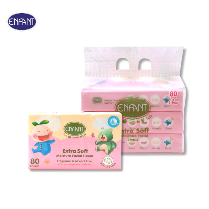 ENFANT (อองฟองต์) Extra Soft Moisture Facial Tissue ทิชชู่ผสมมอยส์เจอร์ ชนิดนุ่มพิเศษ 1ลัง/6แพ็ค 1แพ็ค/3ชิ้น 