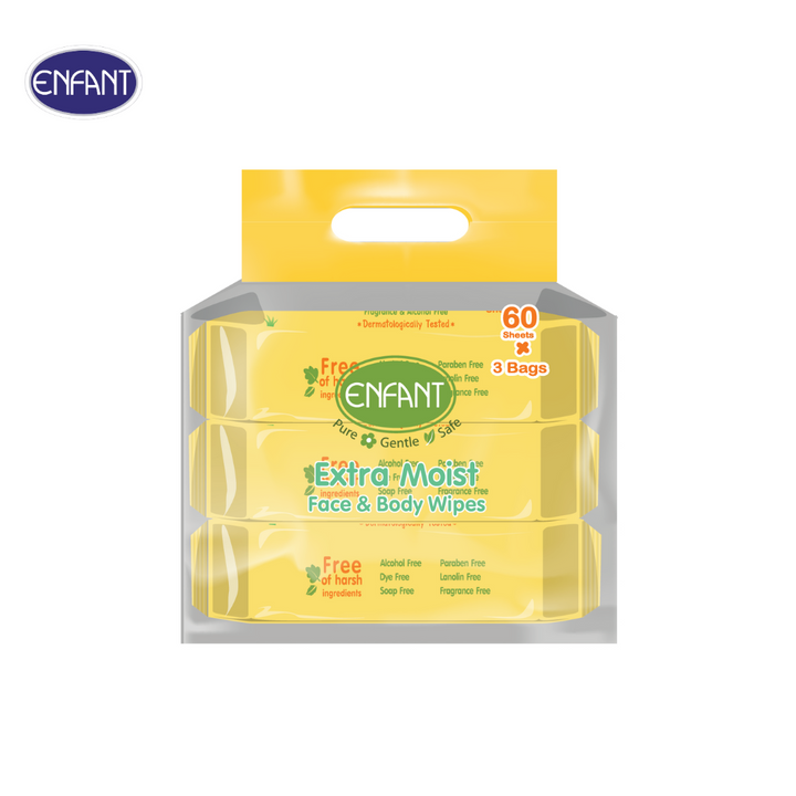 ENFANT (อองฟองต์) Extra Moist Face & Body Wipes ผ้าเช็ดทำความสะอาดแบบเปียก สูตร Organic Jojoba Oil 1แพ็ค/3ห่อ 60แผ่น/ห่อ ICCSHOPPING