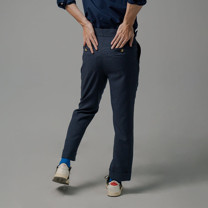 era-won กางเกงขายาว รุ่น Double Belts Trousers V2 ทรง Skinny Crop เอวสูง สี Navy (กรม) ผ้าใหม่ 