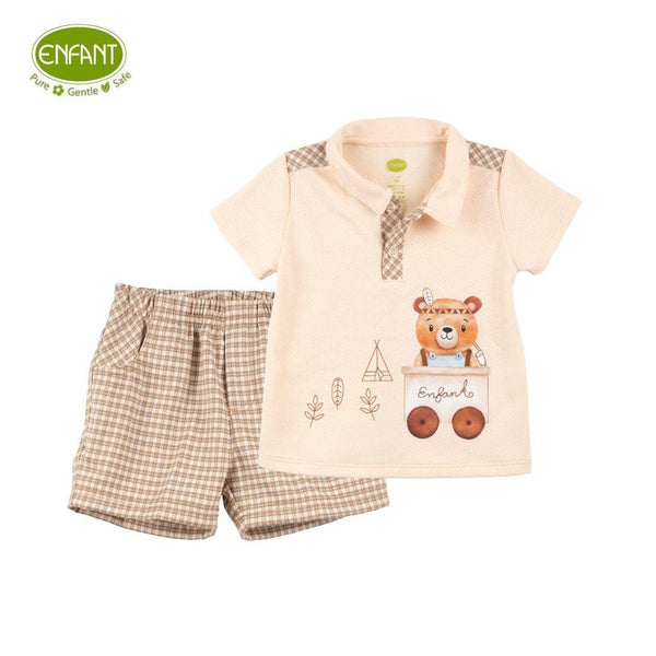 ENFANT อองฟองต์ ชุดเสื้อเชิ้ต+กางเกง สำหรับเด็กอายุ 3 เดือน - 2ปี คอลเลกชั่น หมีกางเต็นท์ ผ้าคอตออร์แกนิก สีครีม