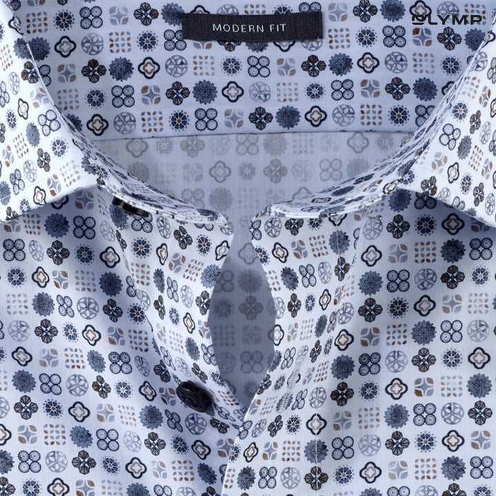 OLYMP  LUXOR Shirt เสื้อเชิ้ตผู้ชายแขนสั้น สีน้ำเงิน ผ้าเรียบ พิมพ์ลายกราฟิก ทรงหลวม ใส่สบาย รีดง่าย AUTU24 