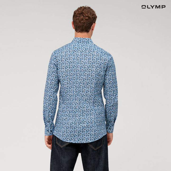 OLYMP  No. Six Shirt เสื้อเชิ้ต ผ้าเรียบพิมพ์ลายเรโทรสีฟ้าอ่อน มีความยืดหยุ่น   ทรงเข้ารูป ยืดหยุ่นได้ดี รีดง่าย SUMM24 