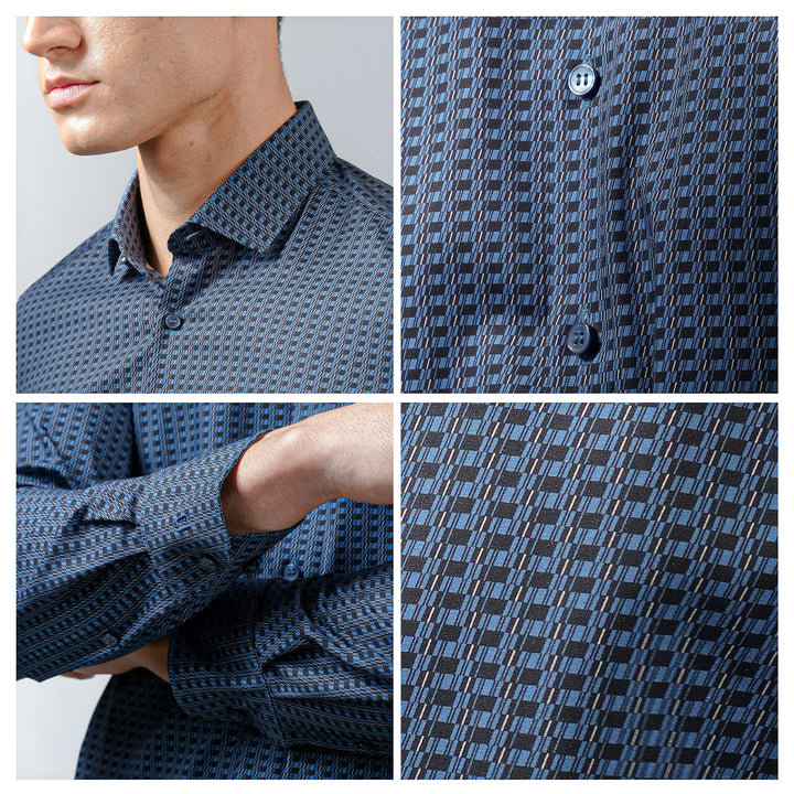 OLYMP  Level Five Shirt เสื้อเชิ้ตชาย สีน้ำเงินเข้ม พิมพ์ลายกราฟิก ทรงพอดีตัว ยืดหยุ่นได้ดี รีดง่าย AUTU23 