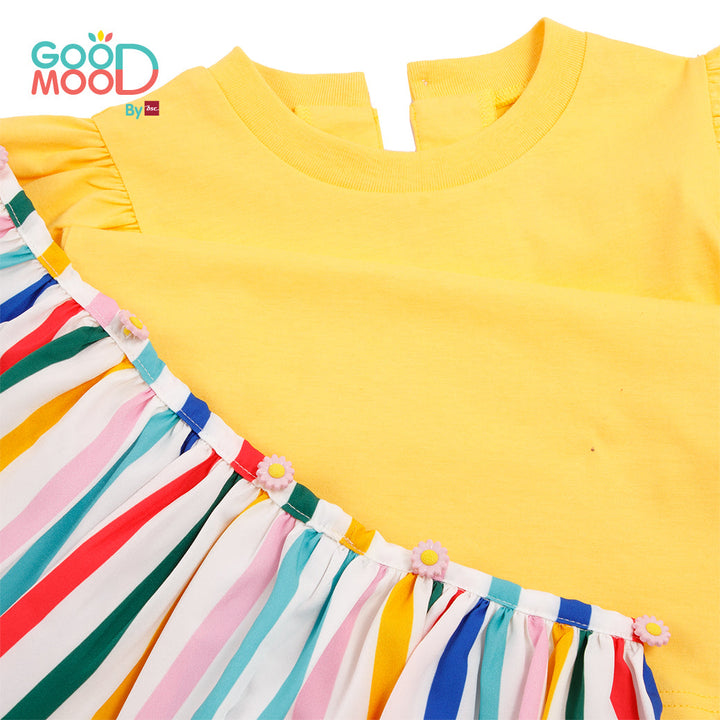 Good Mood by bsc เสื้อยืดแขนระบาย สีเหลือง+ชายกระโปรงลายริ้ว สีเหลือง สำหรับเด็กอายุ 2-9 ปี ผ้าคอตตอน ICCSHOPPING
