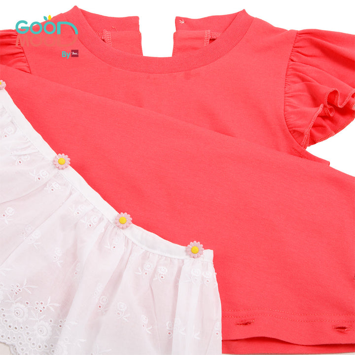 Good Mood by bsc เสื้อยืดแขนระบาย สีชมพูเข้ม+ชายกระโปรงลูกไม้ สีขาว สำหรับเด็กอายุ 2-9 ปี ผ้าคอตตอน ICCSHOPPING