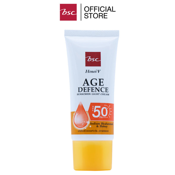 [ แพคคู่สุดคุ้ม ]HONEI V BSC AGE DEFENCE SUNSCREEN LIGHT CREAM SPF50+ PA++++ 30 กรัม 3 แพค ครีมกันแดด ผสมน้ำผึ้ง&ไฮยา กันแดดได้...กันแก่ด้วย ครีมกันแดด SPF 50+ PA++++   ช่วยปกป้อง 