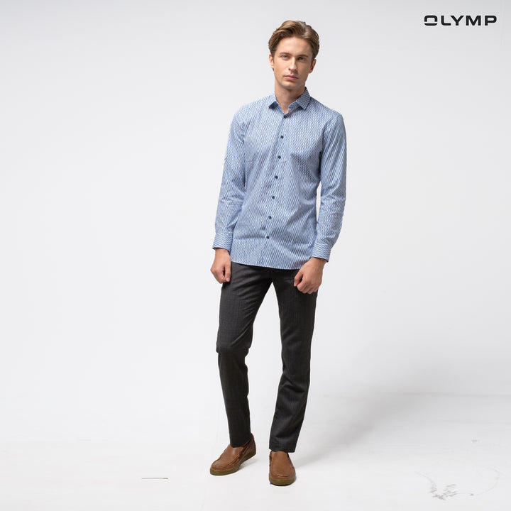 OLYMP  No. Six Shirt เสื้อเชิ้ตชาย ลายพิมพ์ สีน้ำเงิน ทรงเข้ารูป ยืดหยุ่นได้ดี รีดง่าย SPRI24 