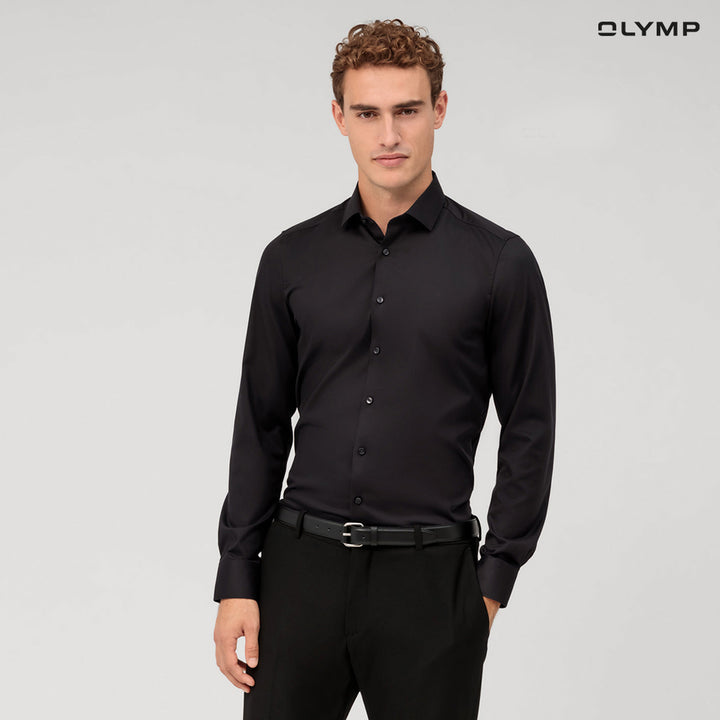 OLYMP  Level Five Shirt เสื้อเชิ้ตชาย สีดำผ้าเท็กเจอร์ไดมอนด์  ทรงพอดีตัว ยืดหยุ่นได้ดี รีดง่าย SUMM24 