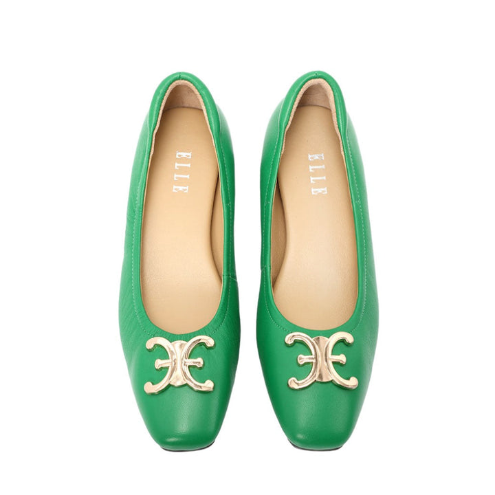 ELLE SHOES รองเท้าหนังแกะ ทรงส้นเหลี่ยม LAMB SKIN COMFY COLLECTION รุ่น Block heel สีเขียว ELB003 Elle