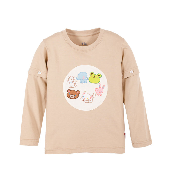 Good Mood by bsc เสื้อยืดคอกลมแขนยาวถอดแขน สีครีม + PATCHES ลายสัตว์ 6 ชิ้น สำหรับเด็กอายุ 2-9 ปี ผ้าคอตตอน ICCSHOPPING