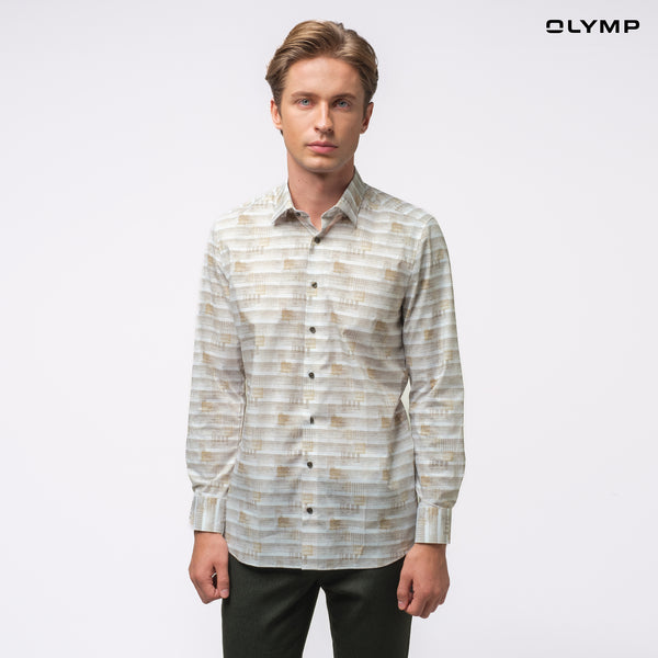 OLYMP  Level Five Shirt เสื้อเชิ้ตชาย ลายพิมพ์สีน้ำตาล ทรงพอดีตัว ยืดหยุ่นได้ดี รีดง่าย SPRI24 