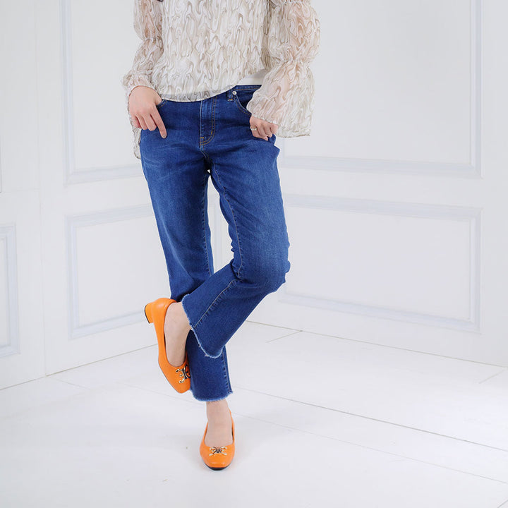 ELLE SHOES รองเท้าหนังแกะ ทรงส้นเหลี่ยม LAMB SKIN COMFY COLLECTION รุ่น Block heel สีส้ม ELB003 Elle