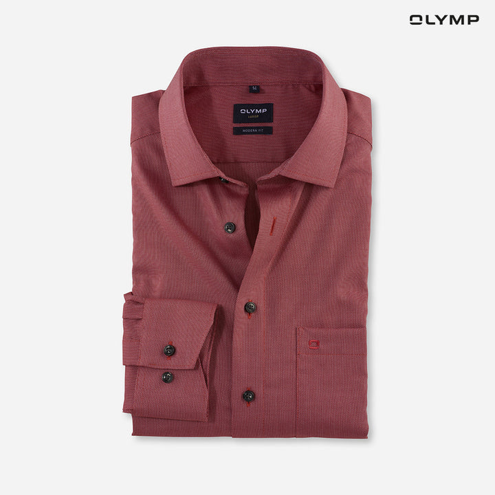 OLYMP  LUXOR Shirt เสื้อเชิ้ต สีแดงเข้ม ผ้าเท็กเจอร์ ทรงหลวม ใส่สบาย รีดง่าย SUMM24 
